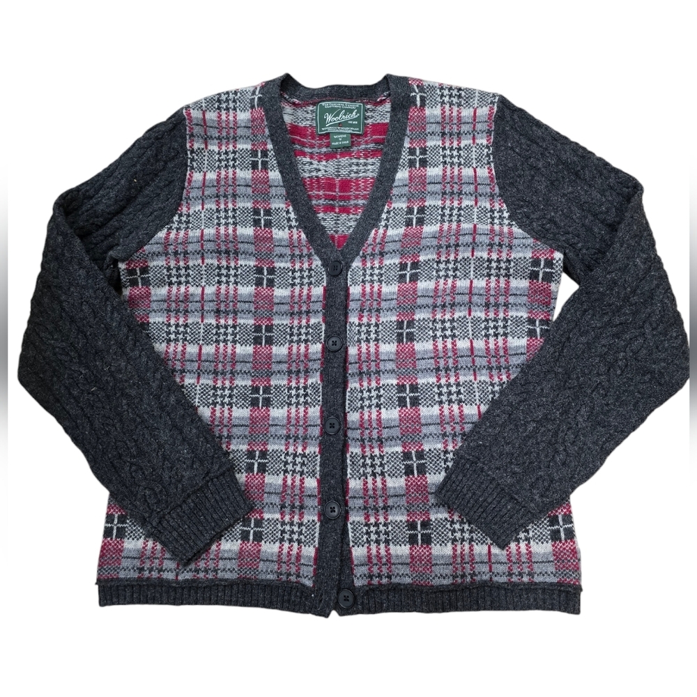 Woolrich Plaid Cable Knit Lamb's Wool Cardigan Sweater Large Grey‎